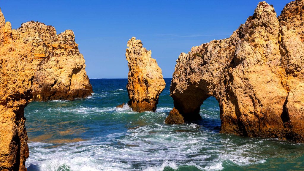 Bizarre and monumental rock formations at Ponta da Piedade, Algarve, Lagos, Faro, Portugal