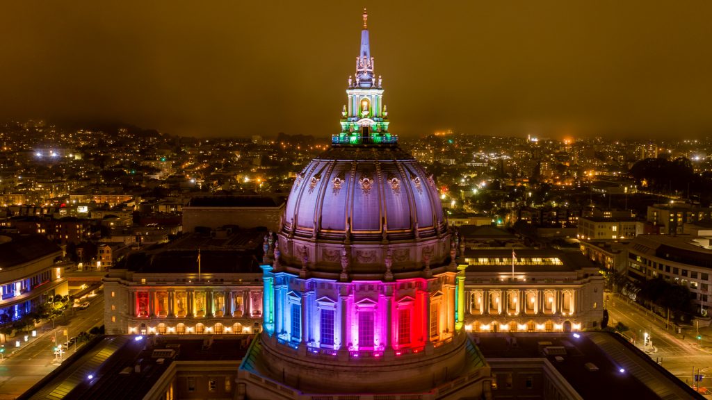 San Francisco City hall lit up for Gay Pride, California, USA