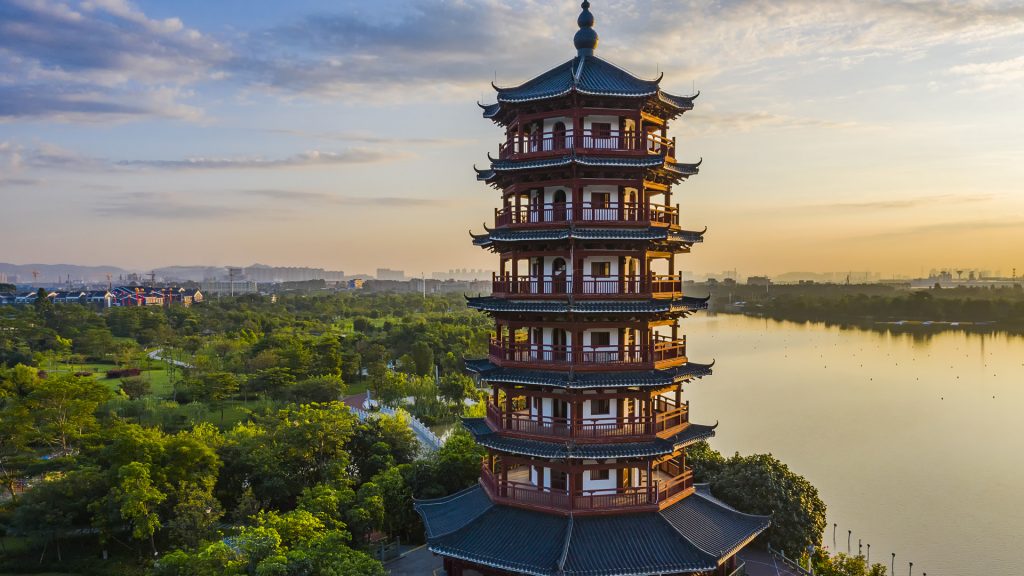 Pagoda tower aerial view in Huayang Lake Wetland Park at early morning, Dongguan, China