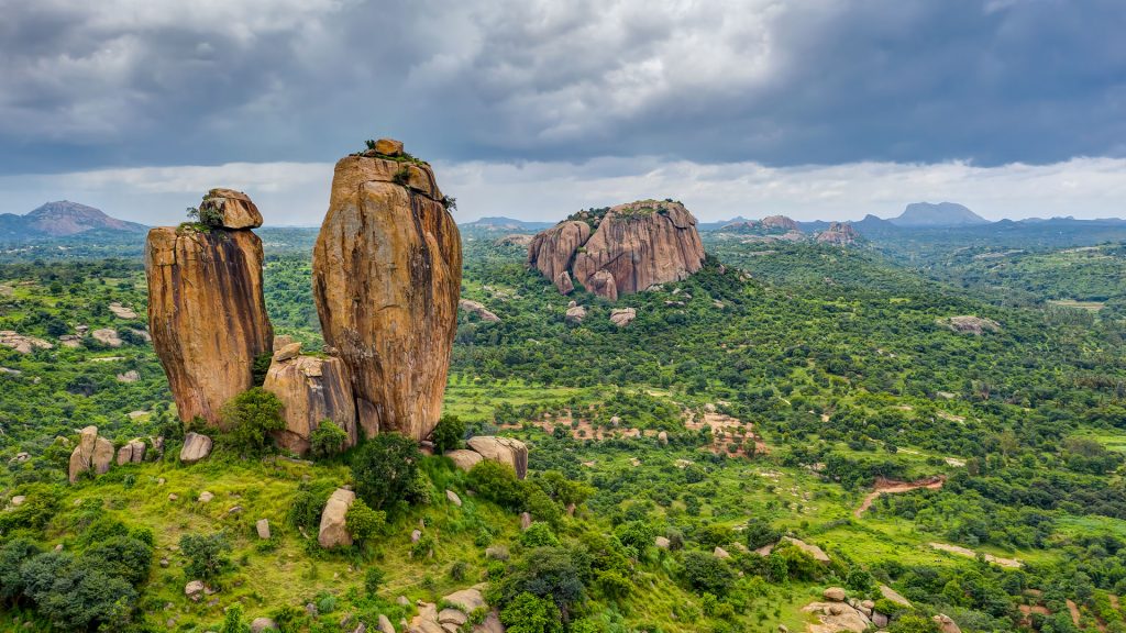 Aerial view of the twin-tower rocks at Timmappana Betta, Bangalore, Karnataka, India