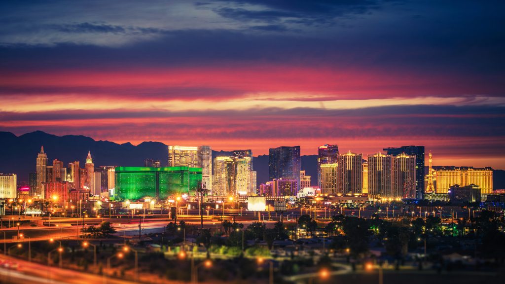 City of Las Vegas skyline at dusk, colorful lights of the worlds famous Sin City, Nevada, USA