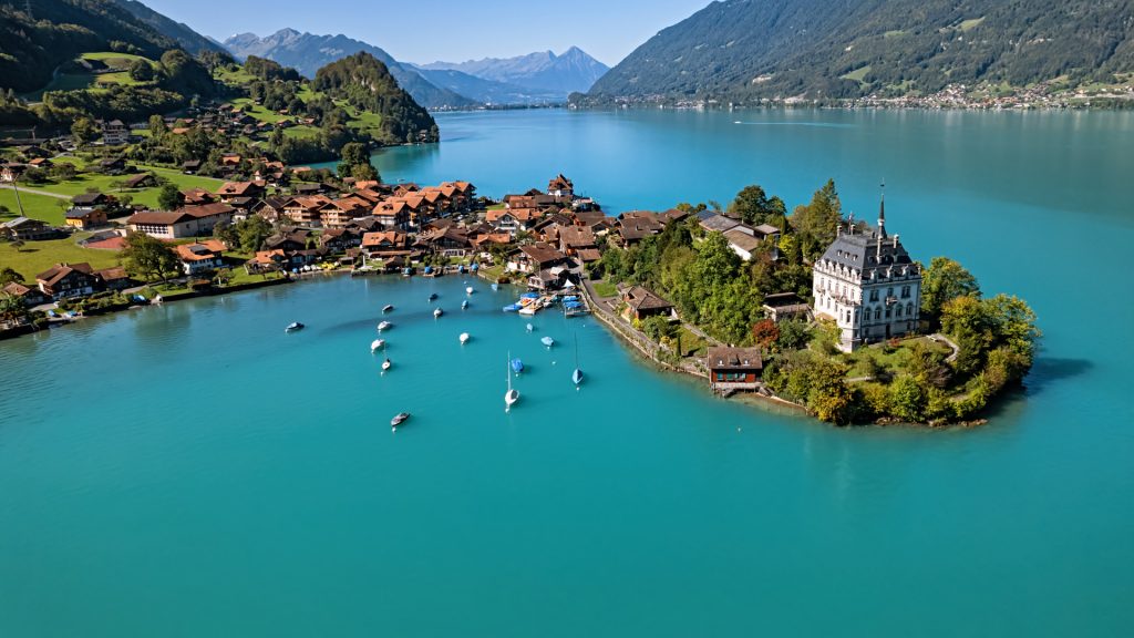 Aerial view of picturesque fishing village Iseltwald on Lake Brienz, Switzerland