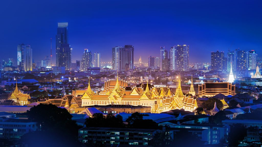 The grand palace of Chakri dynasty under the blue night, Bangkok, Thailand