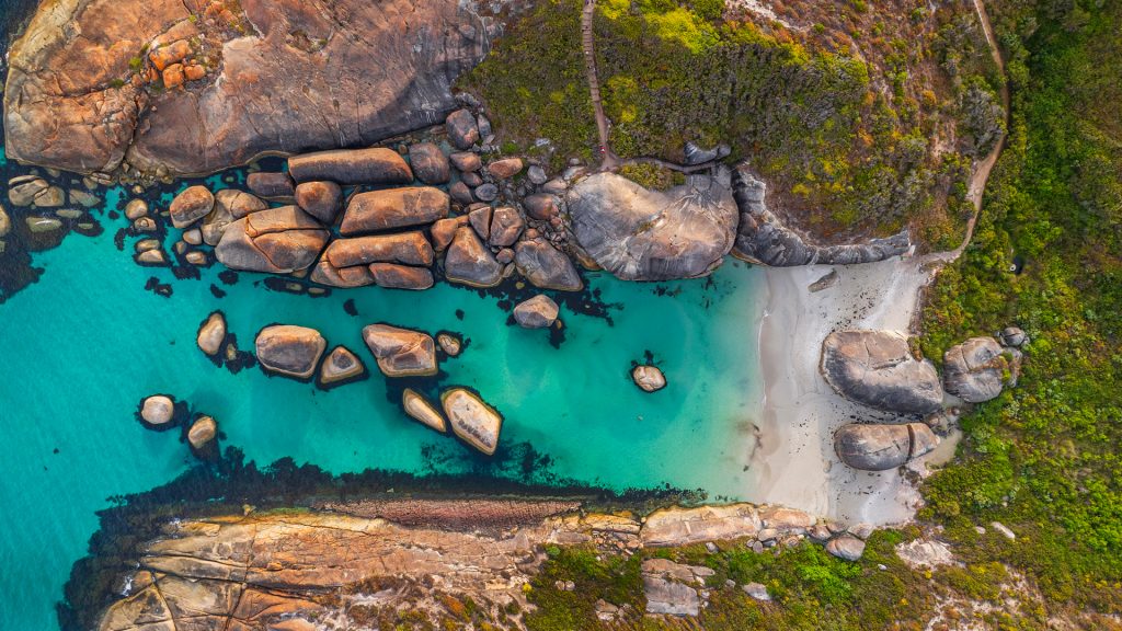 Aerial view of coastline at Elephant Cove, Greens Pool, Western Australia