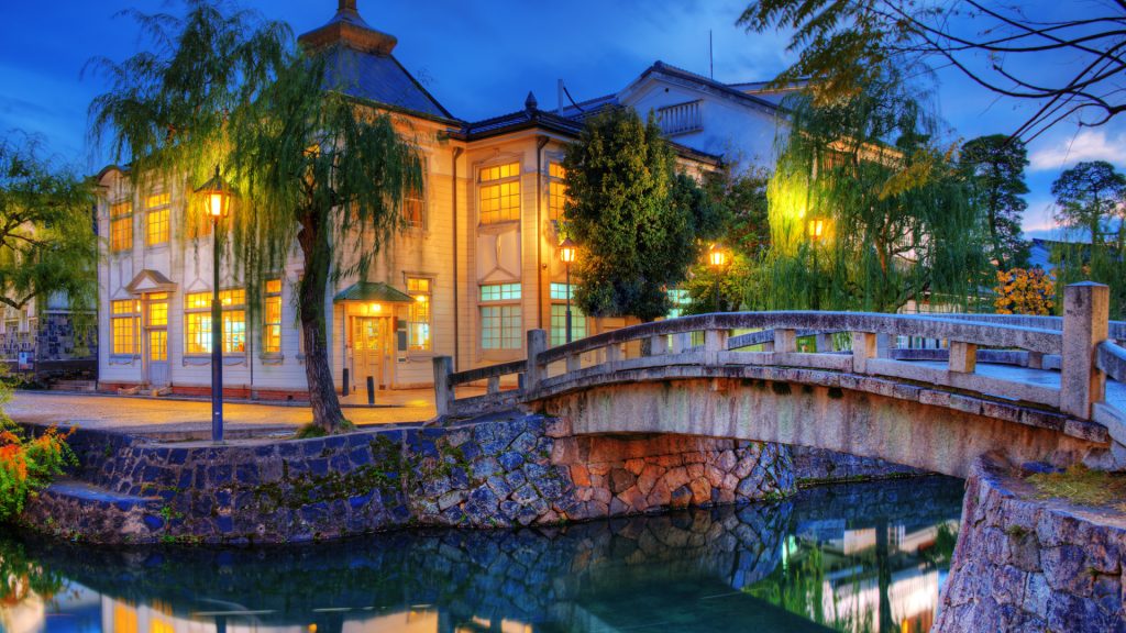 Famed Bridge and Canal of Kurashiki in evening, Okayama, Japan