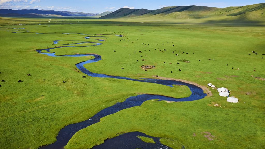Yurt nomad camp in a steppe valley, Arkhangai province, Mongolia