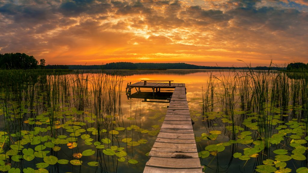 Sunrise panorama over lake, Masurian Lake District, Poland