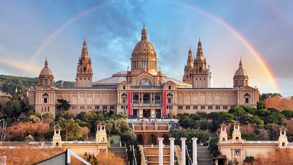 Museu Nacional d'Art de Catalunya with rainbow, Barcelona, Catalonia, Spain