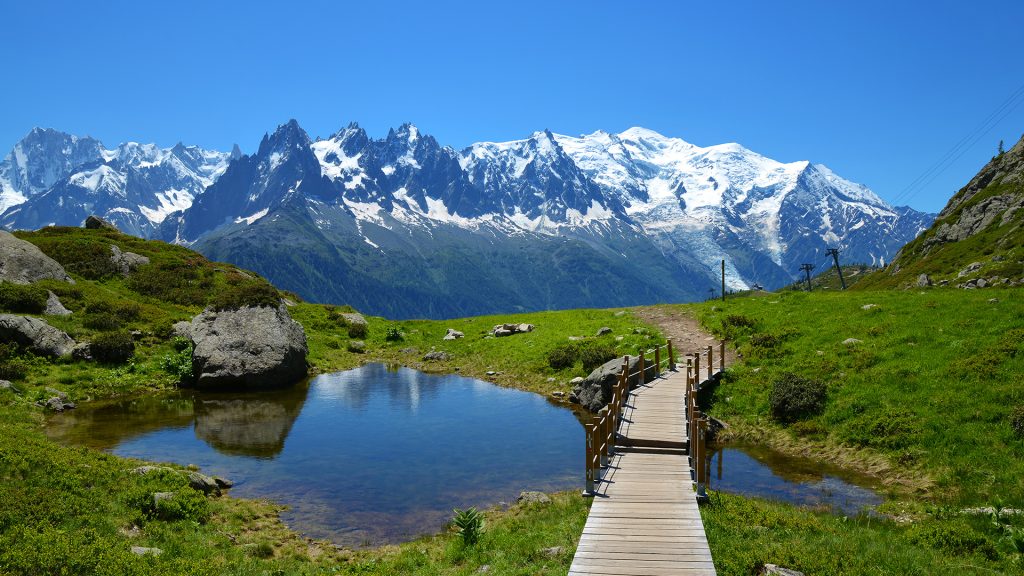 Mont Blanc mountain range landscape in a sunny day, Nature Reserve Aiguilles Rouges, France