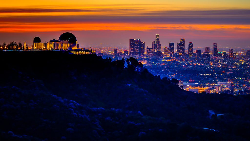 Griffith Observatory and downtown Los Angeles at sunrise, California, USA