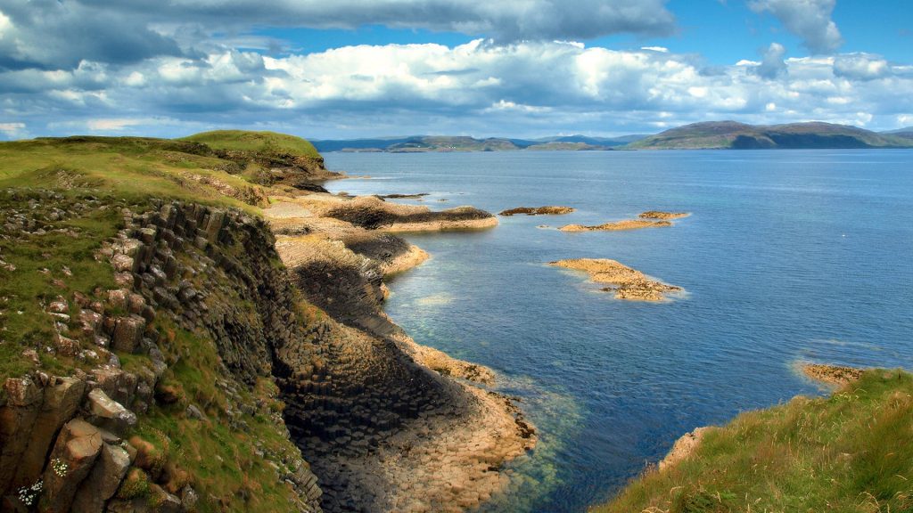 Staffa Island rock formations, Isle of Mull, Inner Hebrides in Argyll and Bute, Scotland, UK
