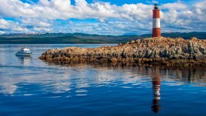 Les Éclaireurs lighthouse and tourist boat, Beagle Channel, Ushuaia, Tierra del Fuego, Argentina 1f7b4bc0c82508428febb740d8e81999