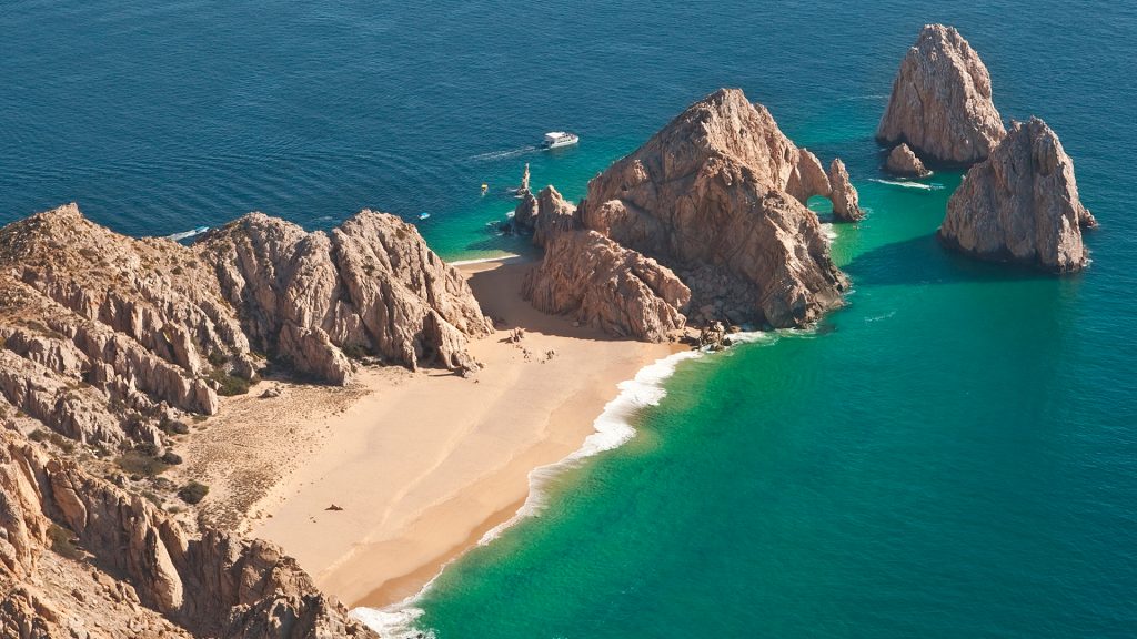 El Arco and Lover's Beach aerial view, Land's End at Cabo San Lucas, Baja, Mexico