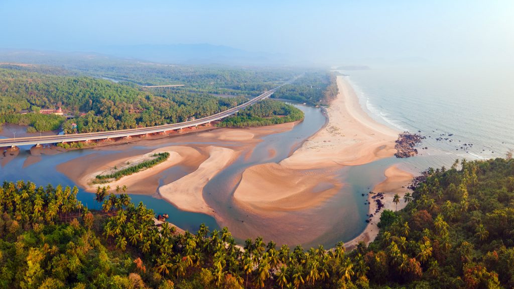Galgibaga beach aerial panoramic view at sunset, near the Palolem beach in South Goa, India