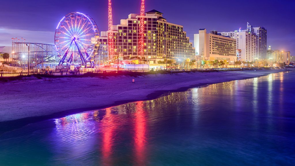 Beachfront resorts skyline, Boardwalk at night on Daytona Beach, Florida, USA