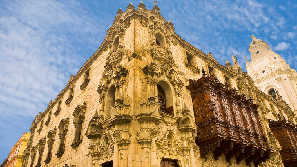 Low angle view of a building, Archbishop's Palace, Lima Cathedral, Lima, Peru Low angle view of a building, Archbishop's Palace, Lima Cathedral, Lima, Peru