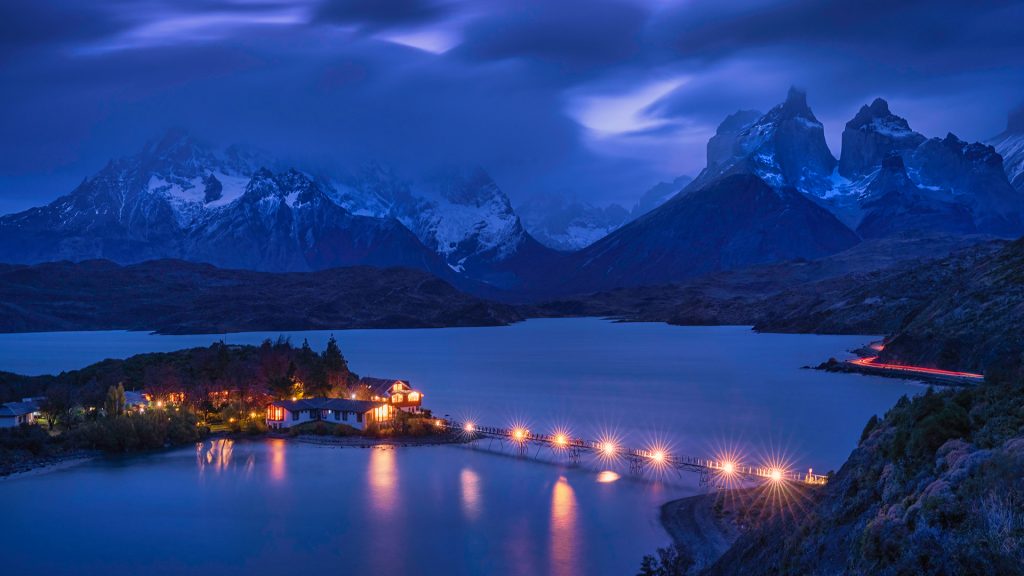Top view of lakes and old timber bridge in twilight, Torres del Paine National Park, Chile Top view of lakes and old timber bridge in twilight, Torres del Paine National Park, Chile