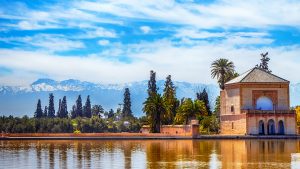 Menara gardens reflecting pool and pavilion with Atlas mountains, Marrakech, Morocco f3184182d9006c9504cde77e2d2f5c04