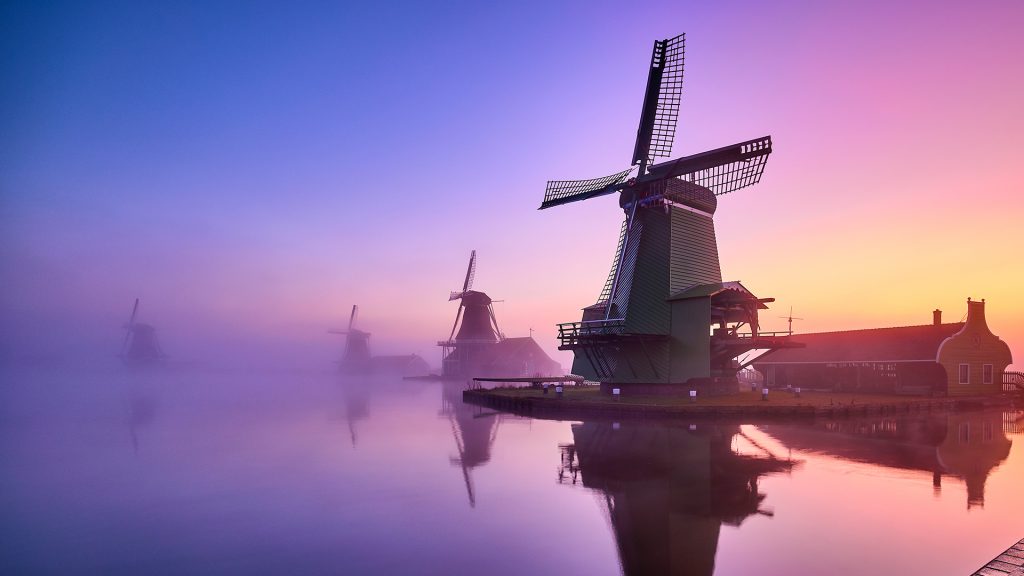 Traditional Dutch windmills in mist during sunrise along a canal, Zaanse Schans, Netherlands