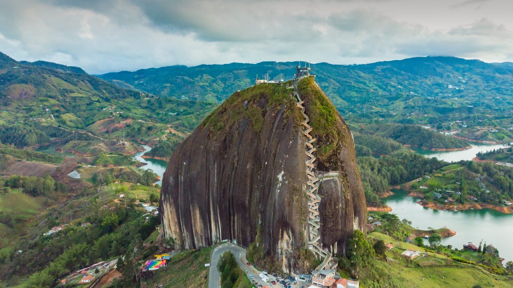 Aerial of large granite rock in Guatape, Antioquía, Colombia