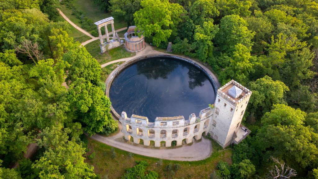 Aerial view of artificial ruins Ruinenberg in Potsdam, Brandenburg, Germany