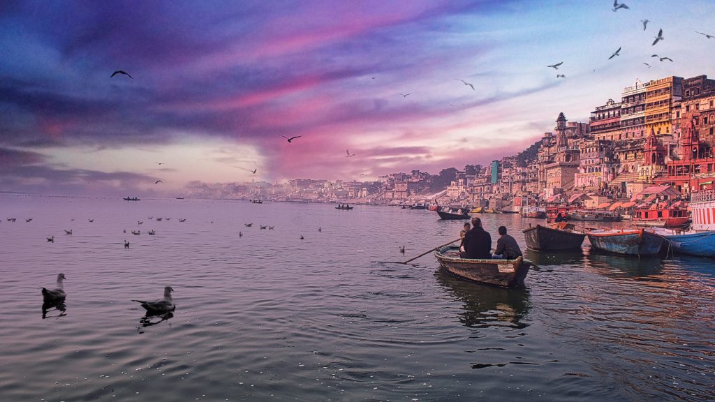 Beautiful landscape on river Ganges with colorful sky at dusk, Varanasi, Uttar Pradesh, India