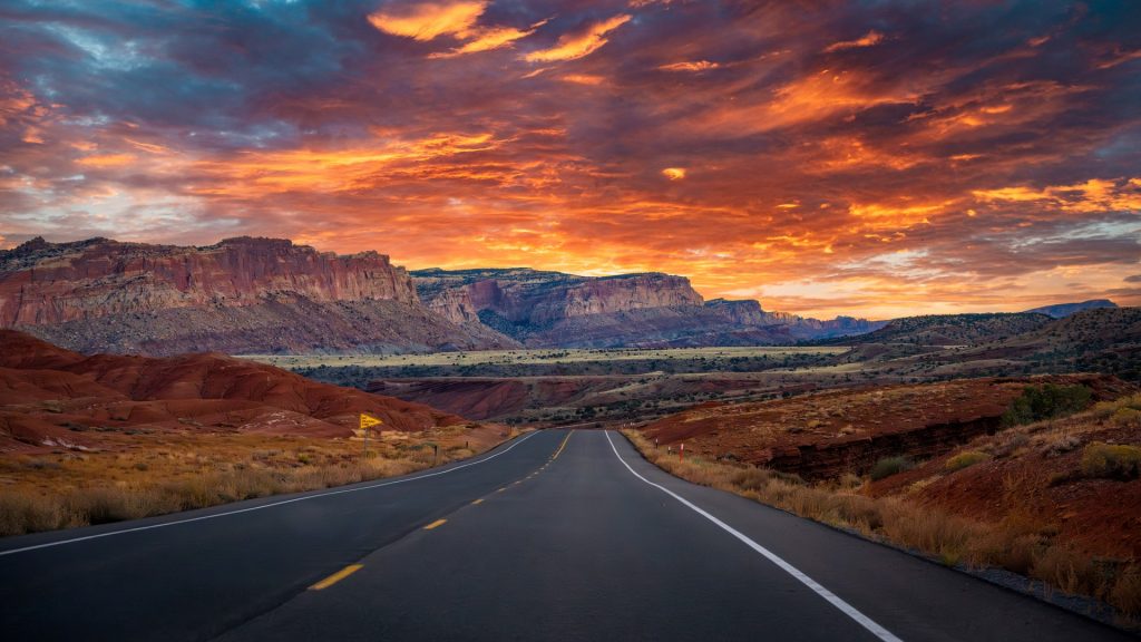 Scenic road sunset in Capitol Reef National Park, Utah, USA
