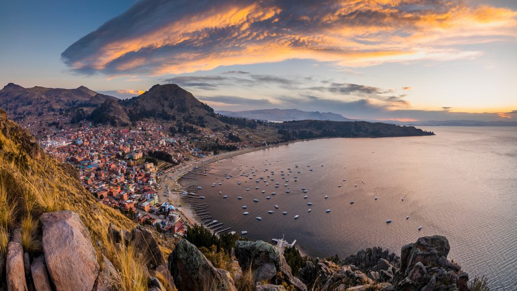 Copacabana city and Titicaca lake at summer sunset, Bolivia