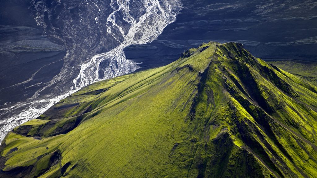 Aerial image of the mountain Maelifell (Mælifell) volcano in the highlands of Iceland