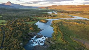 Summer aerial view of Glanni waterfall in Norðurá river at sunset, Borgarfjörður, Iceland 8ba14cc3d8ee57b59aec6a51463ce4ba