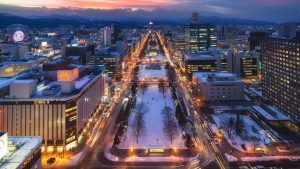 View of winter Sapporo city Odori Park from Sapporo TV Tower at dusk, Hokkaido, Japan 8f36466eafb117f5b8261ad7d0cc48d4